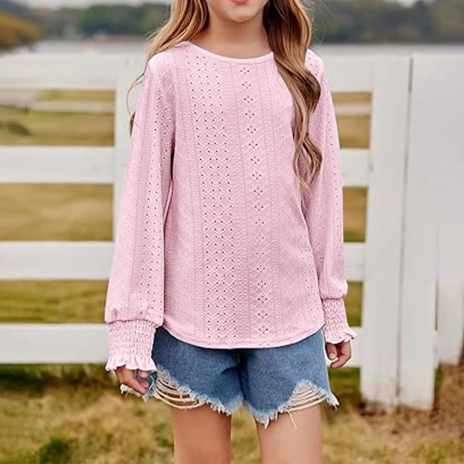Eyelet Lace Sweatshirt Girls Long Sleeve Crewneck Lightweight Pullover Relaxed Casual Daily Cute Essential