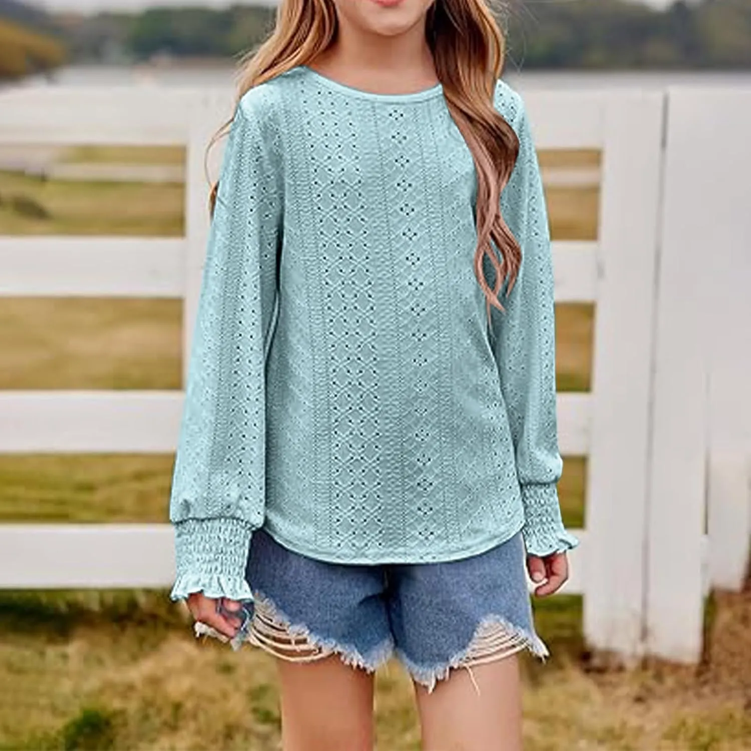 Eyelet Lace Sweatshirt Girls Long Sleeve Crewneck Lightweight Pullover Relaxed Casual Daily Cute Essential