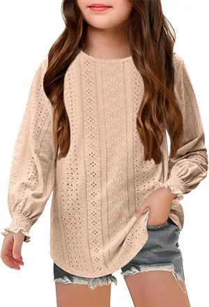 Eyelet Lace Sweatshirt Girls Long Sleeve Crewneck Lightweight Pullover Relaxed Casual Daily Cute Essential