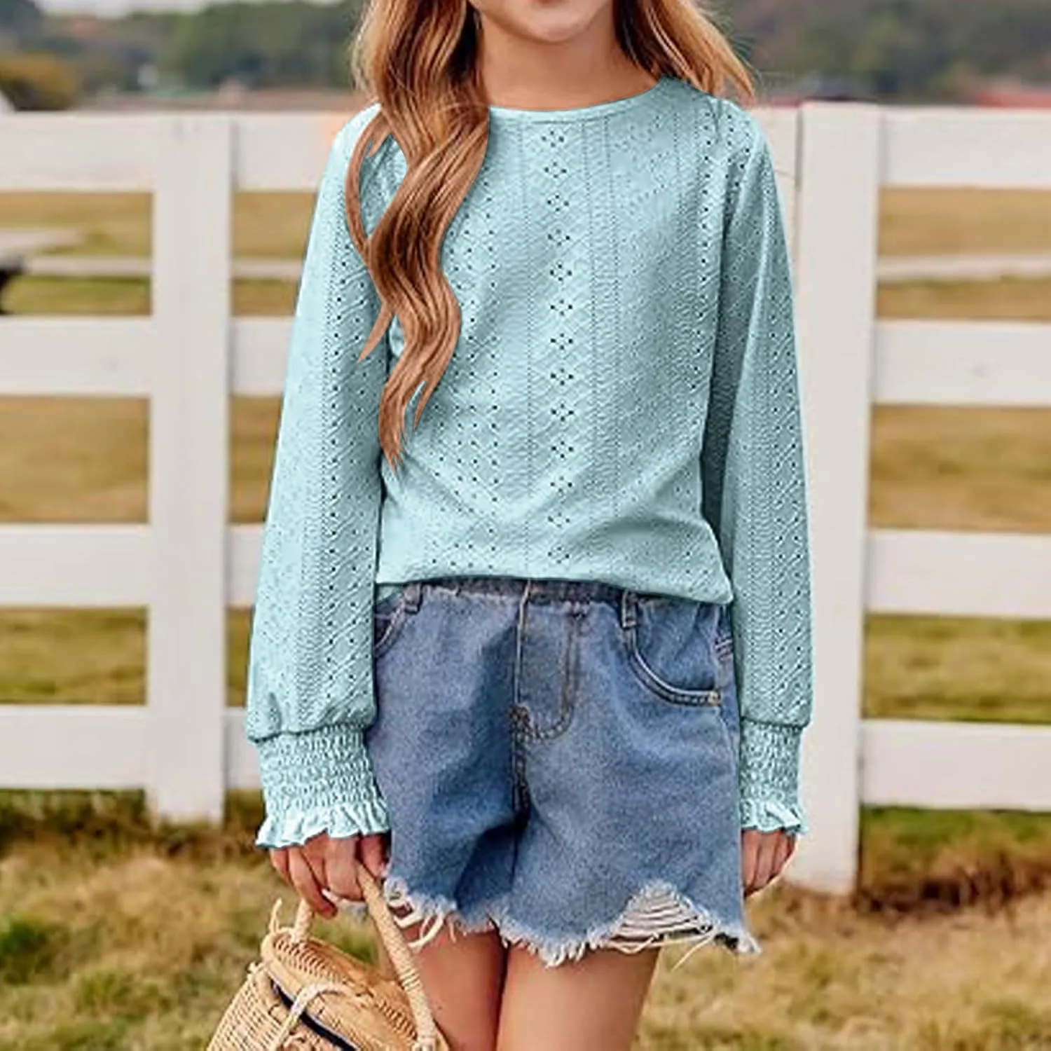 Eyelet Lace Sweatshirt Girls Long Sleeve Crewneck Lightweight Pullover Relaxed Casual Daily Cute Essential