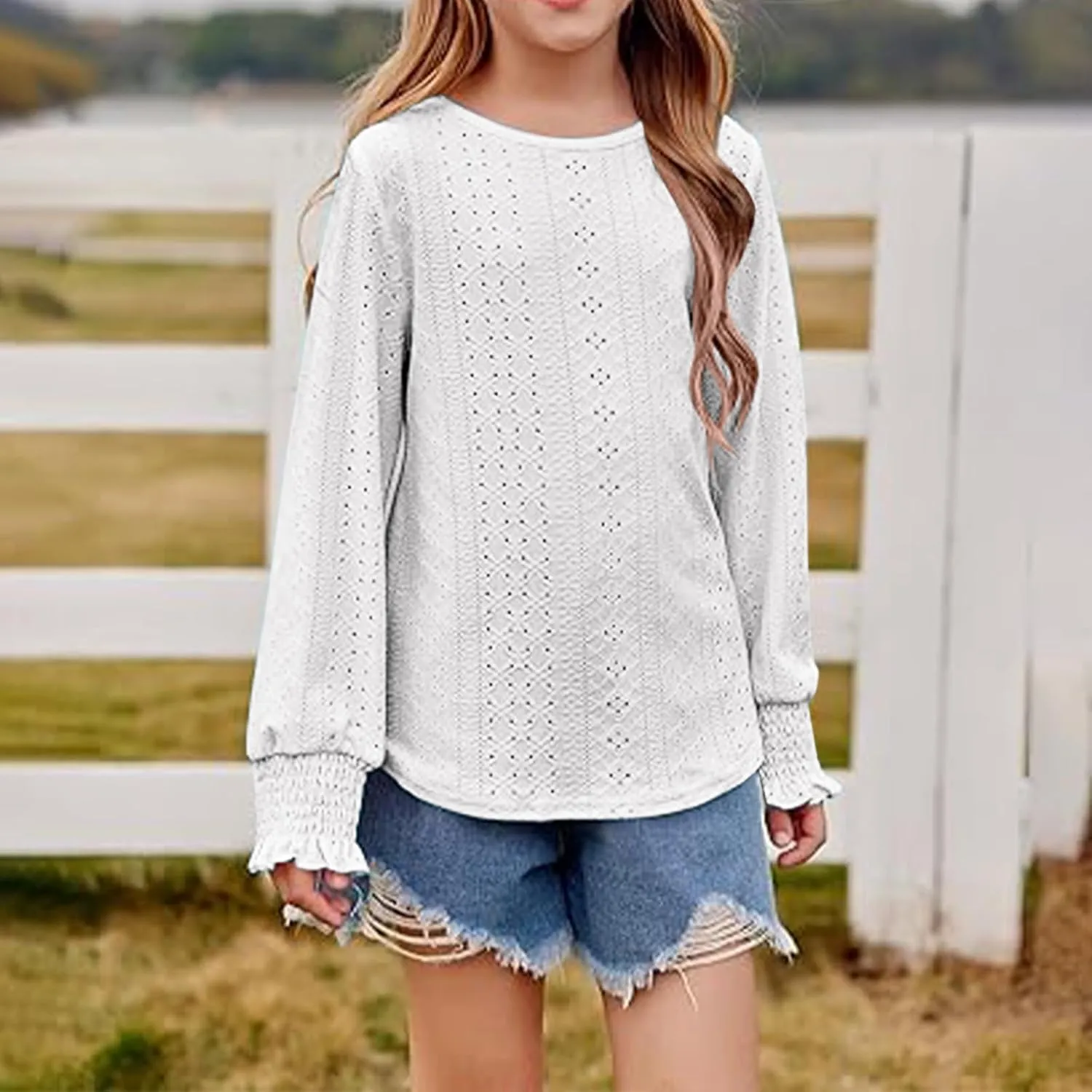 Eyelet Lace Sweatshirt Girls Long Sleeve Crewneck Lightweight Pullover Relaxed Casual Daily Cute Essential