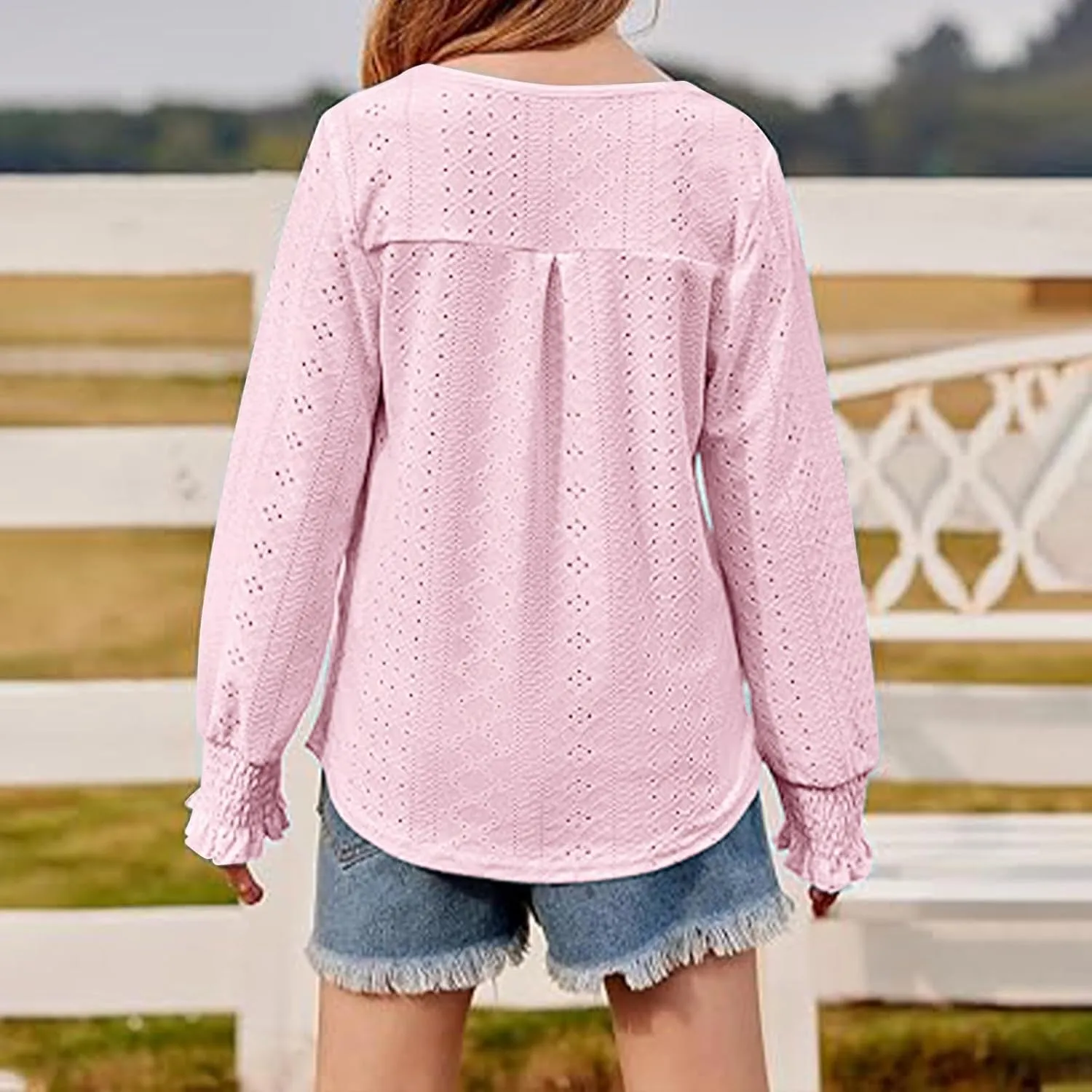 Eyelet Lace Sweatshirt Girls Long Sleeve Crewneck Lightweight Pullover Relaxed Casual Daily Cute Essential