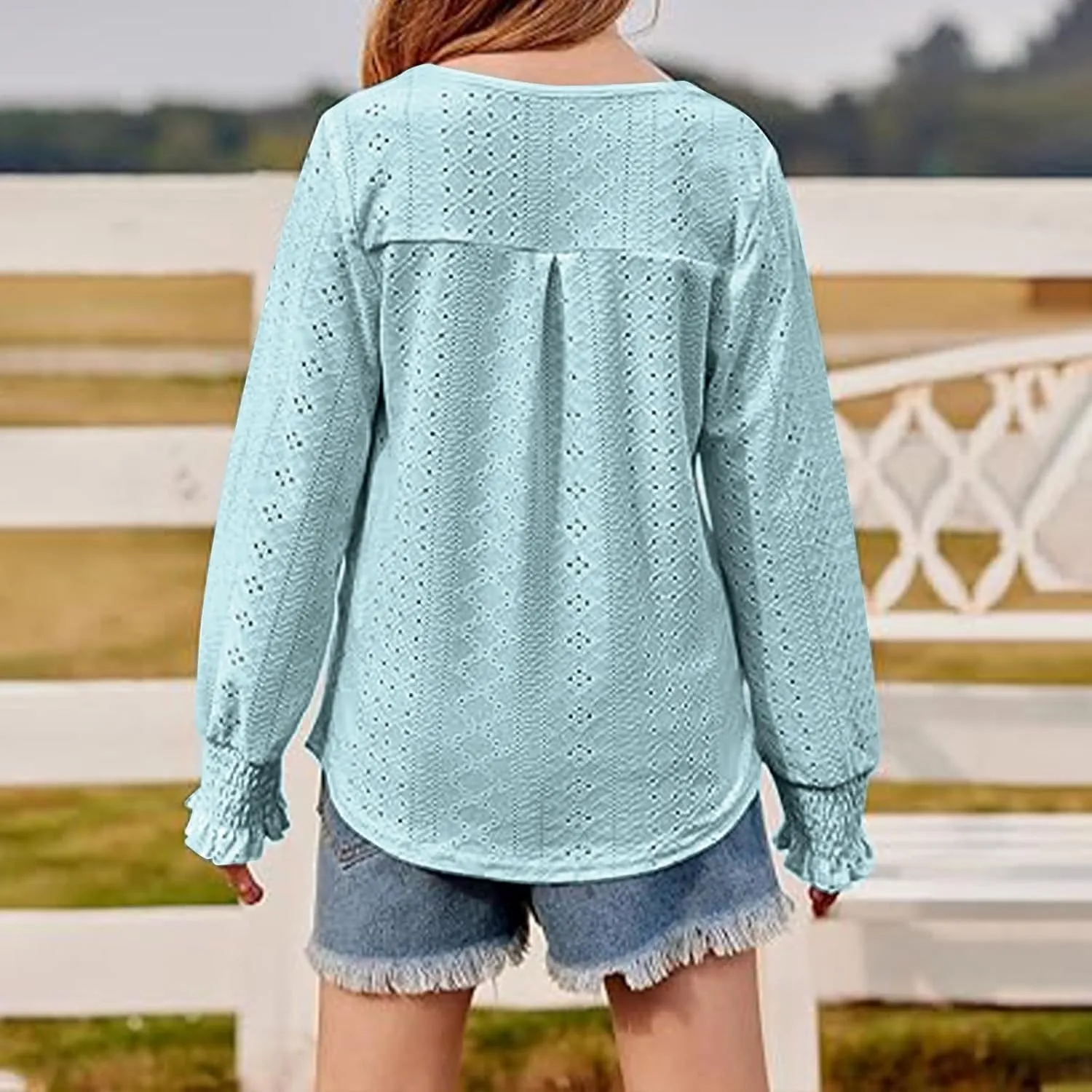 Eyelet Lace Sweatshirt Girls Long Sleeve Crewneck Lightweight Pullover Relaxed Casual Daily Cute Essential