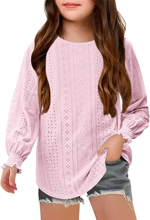 Eyelet Lace Sweatshirt Girls Long Sleeve Crewneck Lightweight Pullover Relaxed Casual Daily Cute Essential