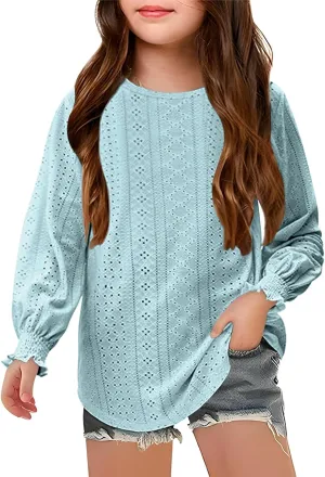 Eyelet Lace Sweatshirt Girls Long Sleeve Crewneck Lightweight Pullover Relaxed Casual Daily Cute Essential