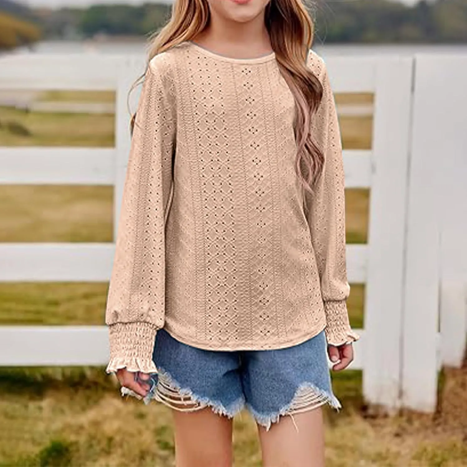 Eyelet Lace Sweatshirt Girls Long Sleeve Crewneck Lightweight Pullover Relaxed Casual Daily Cute Essential