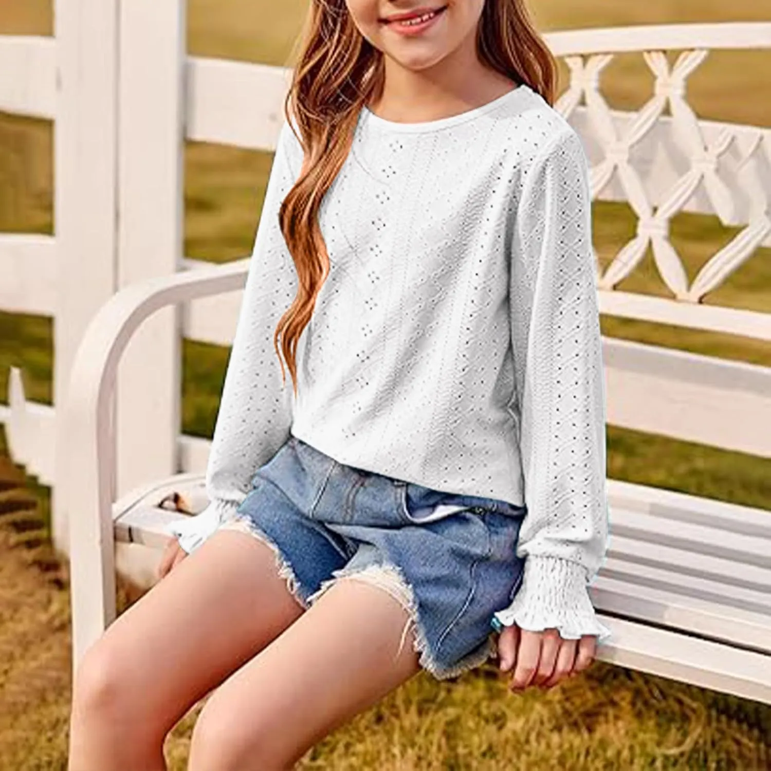 Eyelet Lace Sweatshirt Girls Long Sleeve Crewneck Lightweight Pullover Relaxed Casual Daily Cute Essential