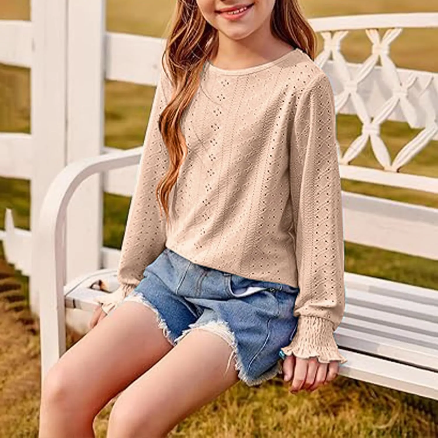 Eyelet Lace Sweatshirt Girls Long Sleeve Crewneck Lightweight Pullover Relaxed Casual Daily Cute Essential
