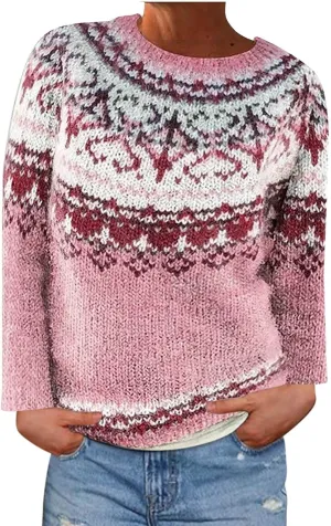 Fair Isle Sweater Women Fall Winter Vintage Knitted Patterned Sweater Crewneck Colorful Striped Knit Pullover Tops