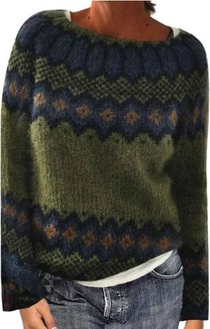 Fair Isle Sweater Women Fall Winter Vintage Knitted Patterned Sweater Crewneck Colorful Striped Knit Pullover Tops