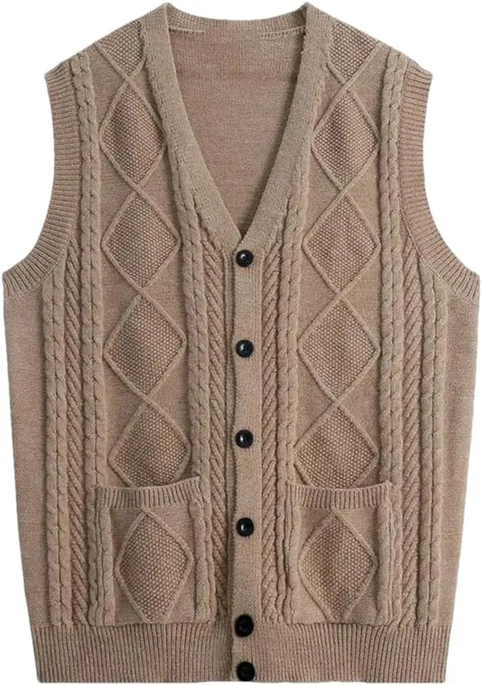 Fashion V-Neck Pockets Knitted Vest All-Match Sweaters Men Clothing Autumn Winter Loose Korean Pullovers Tops