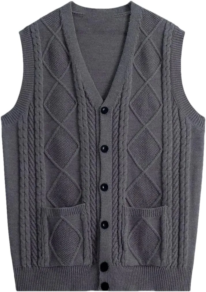 Fashion V-Neck Pockets Knitted Vest All-Match Sweaters Men Clothing Autumn Winter Loose Korean Pullovers Tops