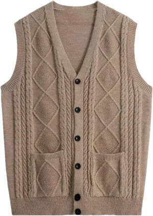 Fashion V-Neck Pockets Knitted Vest All-Match Sweaters Men Clothing Autumn Winter Loose Korean Pullovers Tops