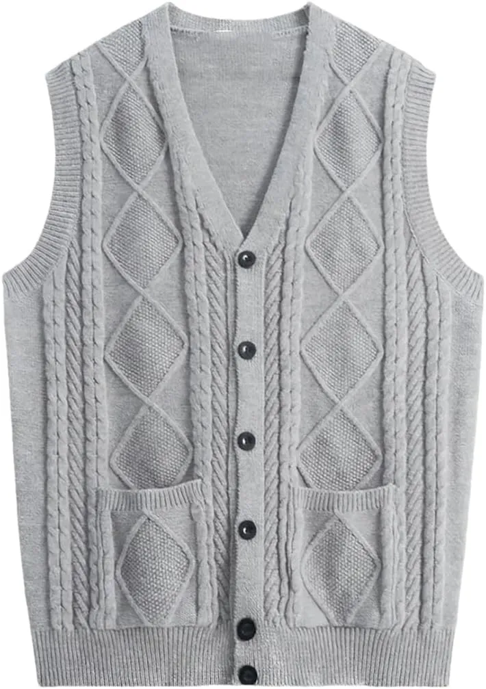 Fashion V-Neck Pockets Knitted Vest All-Match Sweaters Men Clothing Autumn Winter Loose Korean Pullovers Tops