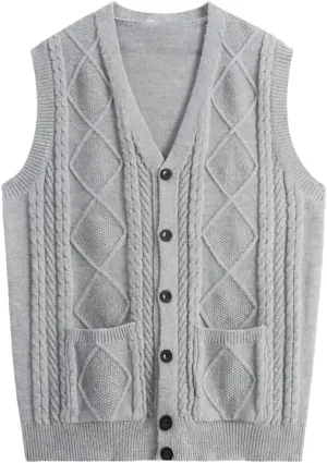 Fashion V-Neck Pockets Knitted Vest All-Match Sweaters Men Clothing Autumn Winter Loose Korean Pullovers Tops