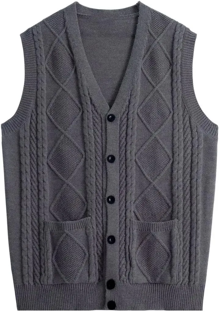 Fashion V-Neck Pockets Knitted Vest All-Match Sweaters Men Clothing Autumn Winter Loose Korean Pullovers Tops