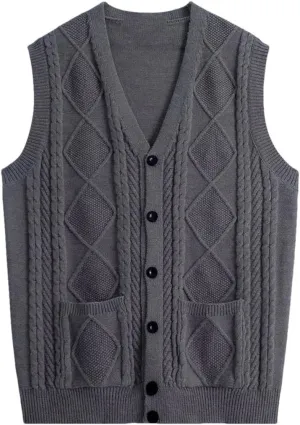 Fashion V-Neck Pockets Knitted Vest All-Match Sweaters Men Clothing Autumn Winter Loose Korean Pullovers Tops