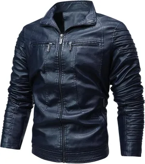 Faux Leather Jacket Men Long Sleeve Fitted PU Leather Motorcycle Zipper Coat Biker Bomber Jacket with Pockets