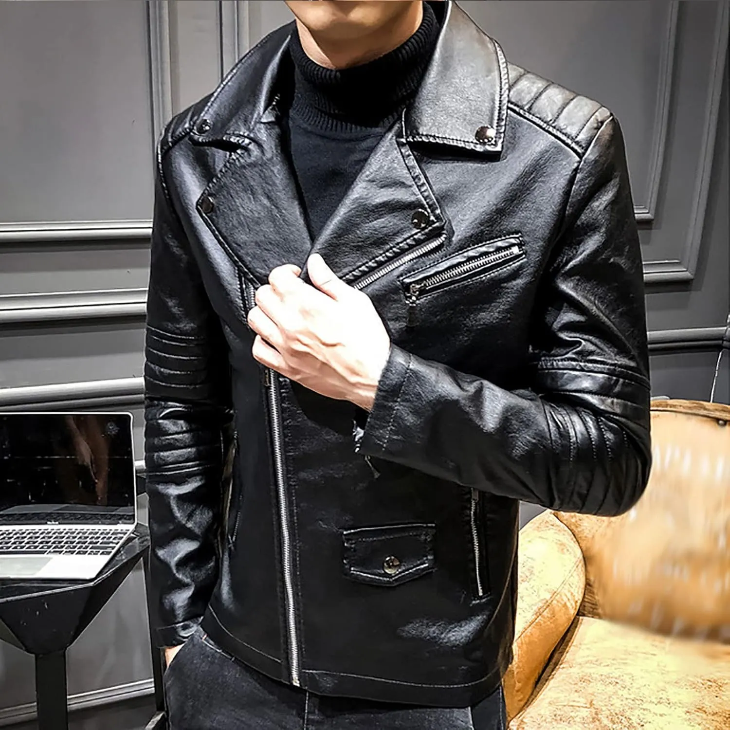 Faux Leather Jacket Mens Slim Fit Notch Lapel Zip Up PU Leather Coat Motorcycle Biker Jacket with Pockets