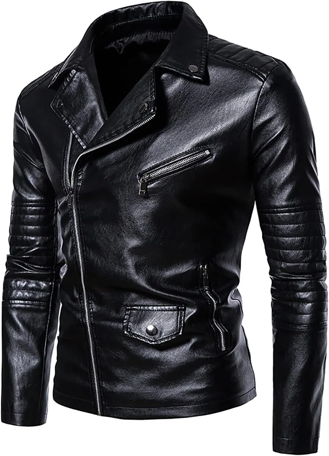 Faux Leather Jacket Mens Slim Fit Notch Lapel Zip Up PU Leather Coat Motorcycle Biker Jacket with Pockets