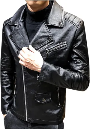 Faux Leather Jacket Mens Slim Fit Notch Lapel Zip Up PU Leather Coat Motorcycle Biker Jacket with Pockets