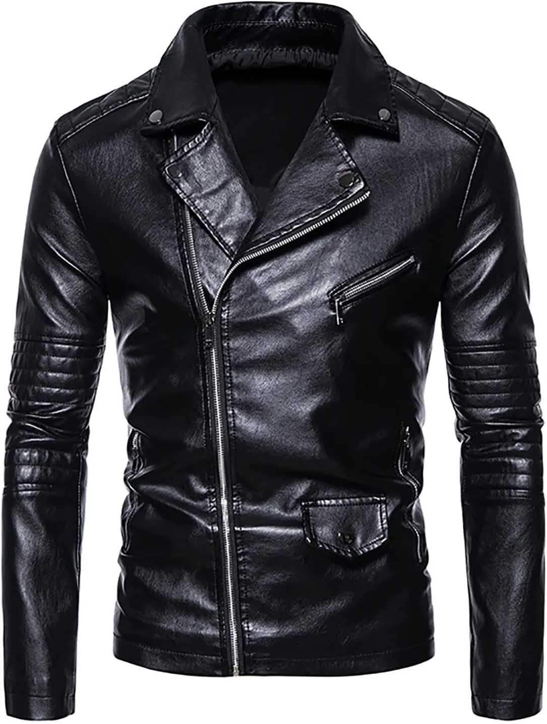Faux Leather Jacket Mens Slim Fit Notch Lapel Zip Up PU Leather Coat Motorcycle Biker Jacket with Pockets