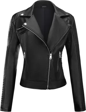 FIRST WAY Faux Leather Jackets for Women, Black Vegan Jackets Moto Biker Motorcycle Coat