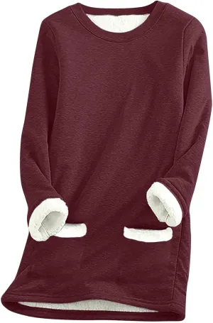 Fleece Sweatshirts for Women Crewneck Thermal Shirts Fleece Tops Round Neck Long Sleeve Pullover Blouses