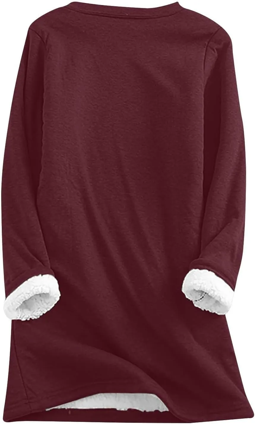 Fleece Sweatshirts for Women Crewneck Thermal Shirts Fleece Tops Round Neck Long Sleeve Pullover Blouses