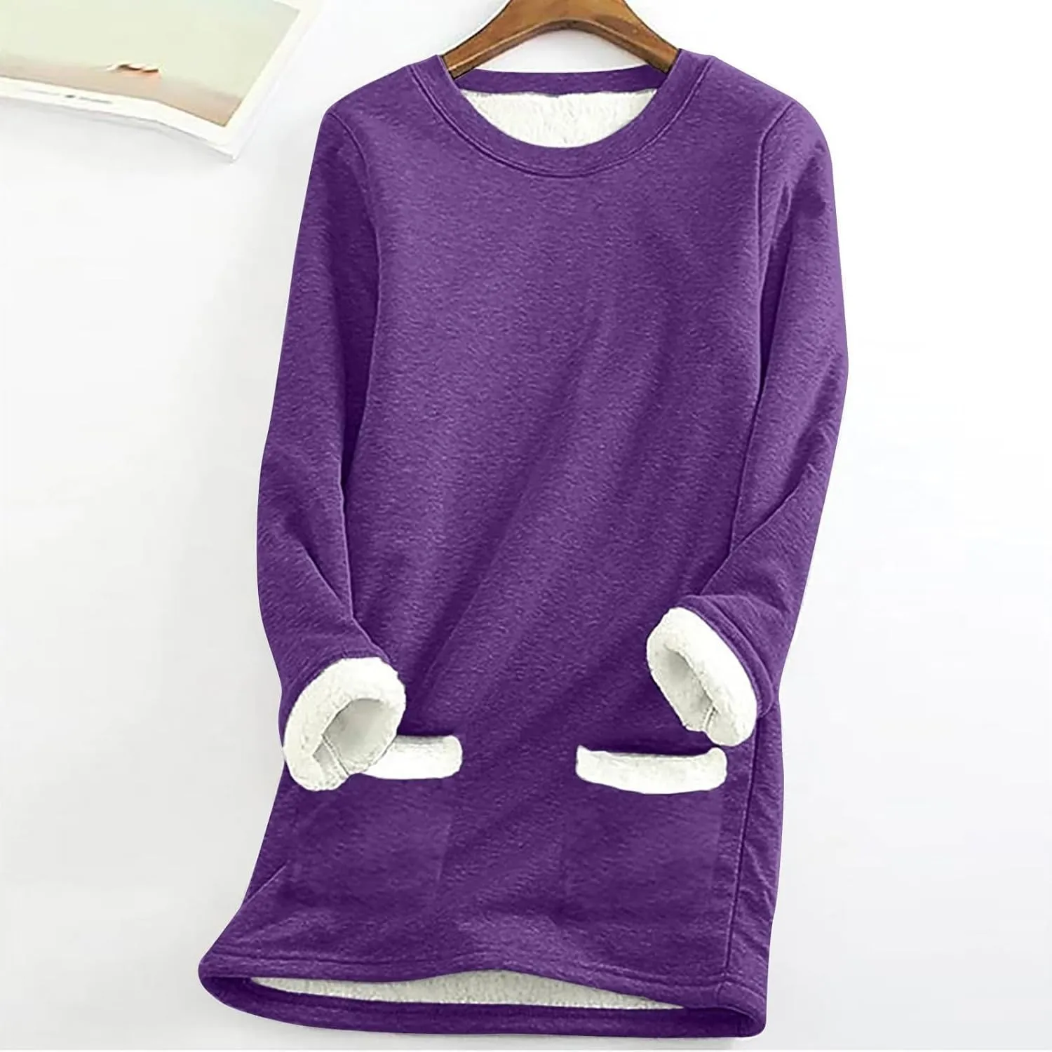 Fleece Sweatshirts for Women Crewneck Thermal Shirts Fleece Tops Round Neck Long Sleeve Pullover Blouses