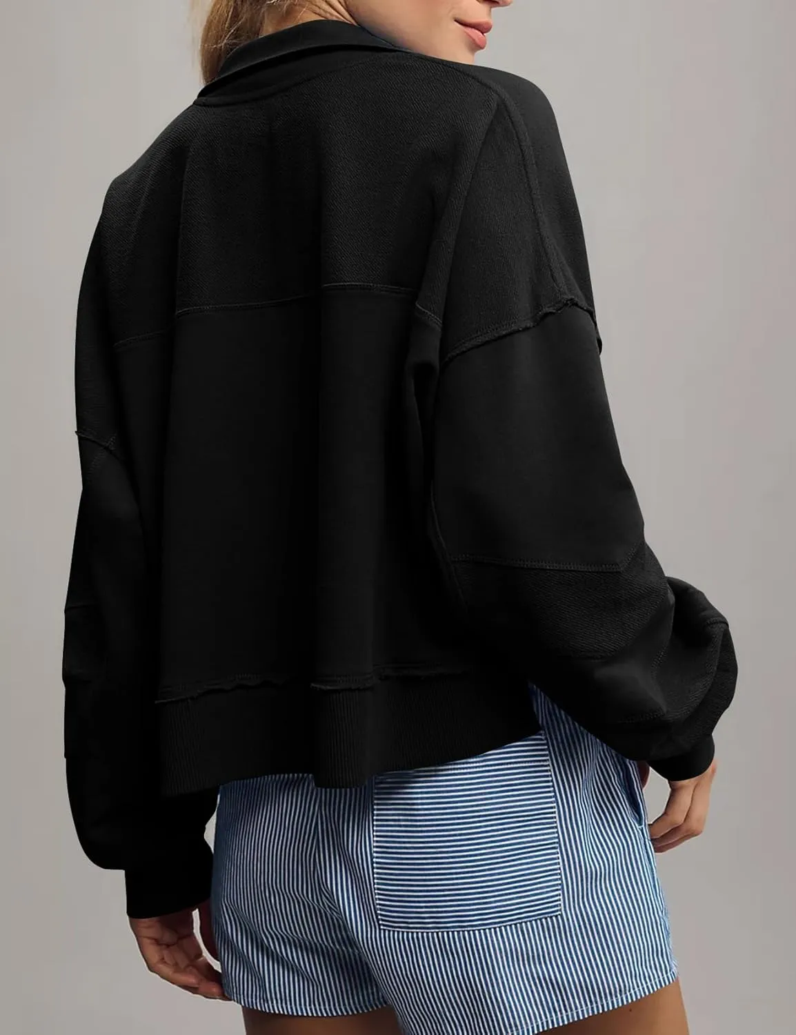Flygo Sweatshirt for Women Pieced Popover Henley Top Cropped Lapel V Neck Pullover Oversized Sweatshirts 2025 Trendy