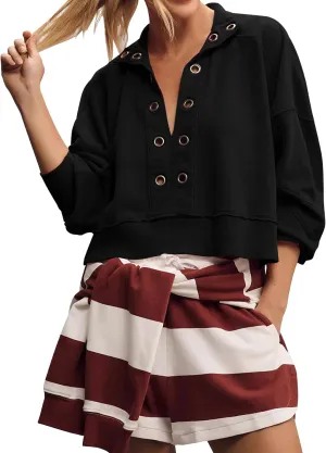 Flygo Sweatshirt for Women Pieced Popover Henley Top Cropped Lapel V Neck Pullover Oversized Sweatshirts 2025 Trendy
