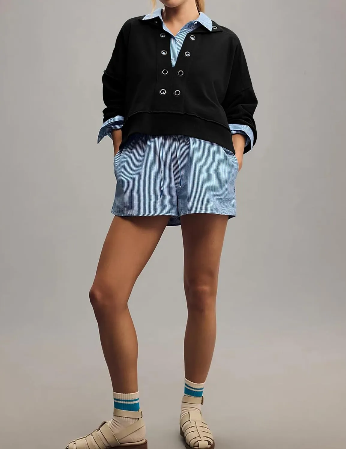 Flygo Sweatshirt for Women Pieced Popover Henley Top Cropped Lapel V Neck Pullover Oversized Sweatshirts 2025 Trendy