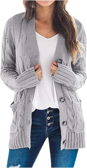 FMCHICO Women Open Front Cardigan Sweater Button Down Knit Sweater Coat