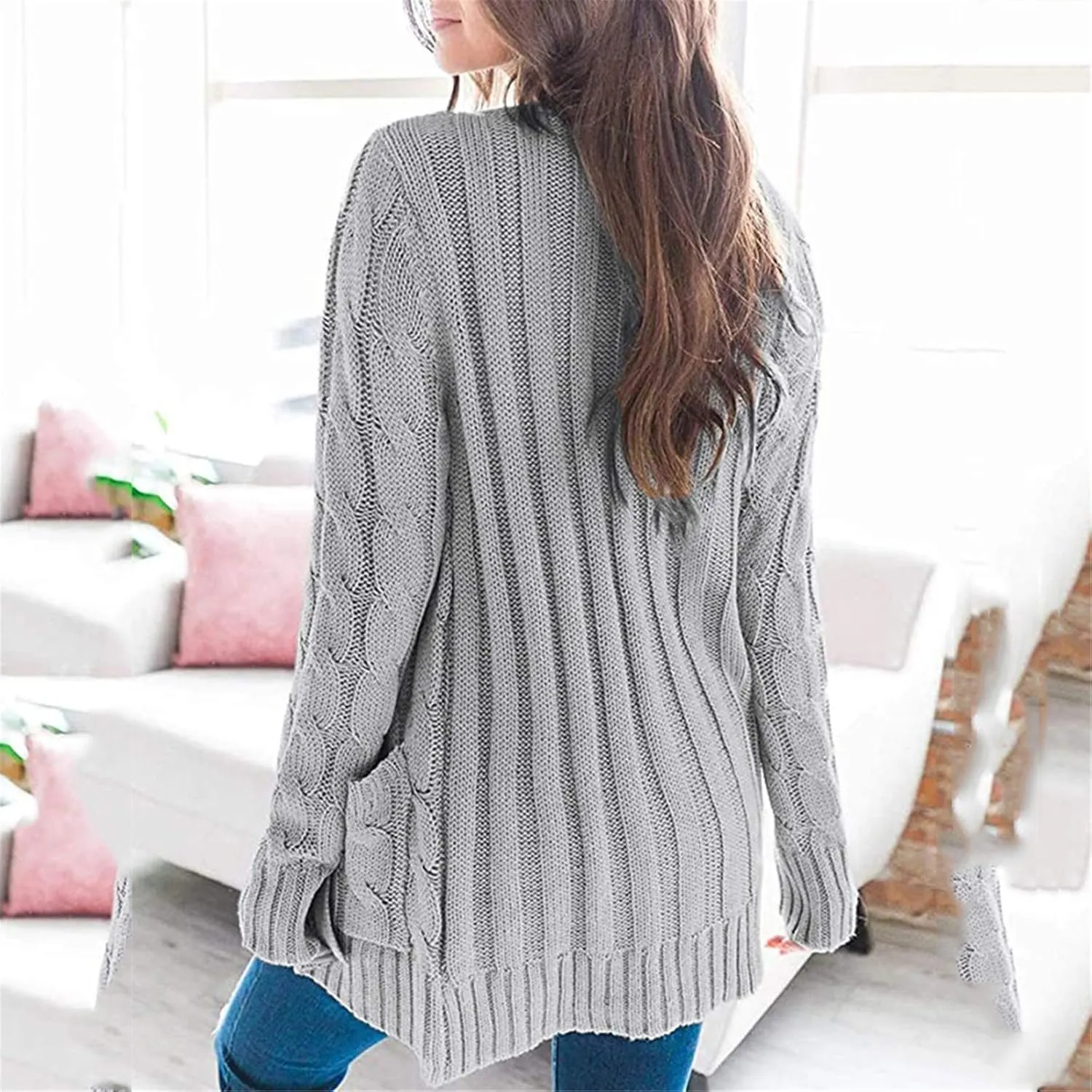FMCHICO Women Open Front Cardigan Sweater Button Down Knit Sweater Coat