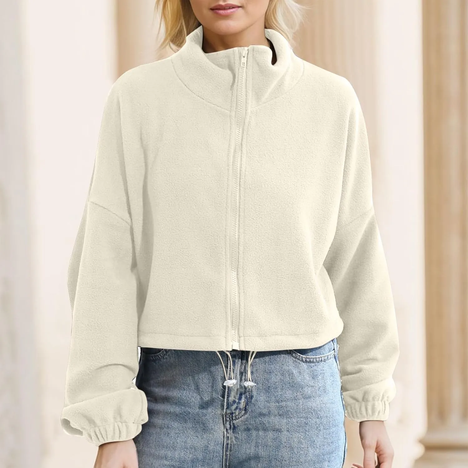 Full Zip Polar Fleece Crop Jacket for Women Warm Long Sleeve Stand Collar Sherpa Short Coat Pullover Sweatshirt Tops