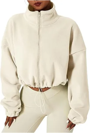 Full Zip Polar Fleece Crop Jacket for Women Warm Long Sleeve Stand Collar Sherpa Short Coat Pullover Sweatshirt Tops