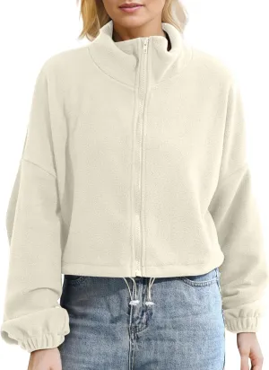 Full Zip Polar Fleece Crop Jacket for Women Warm Long Sleeve Stand Collar Sherpa Short Coat Pullover Sweatshirt Tops