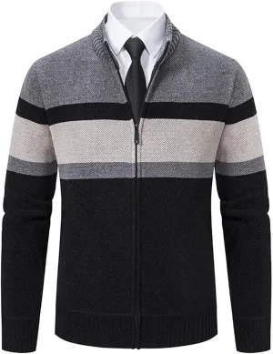Full Zip Quilted Lined Cardigan Sweaters for Men Stand Collar Fleece Cable Knit Sweater with Pockets