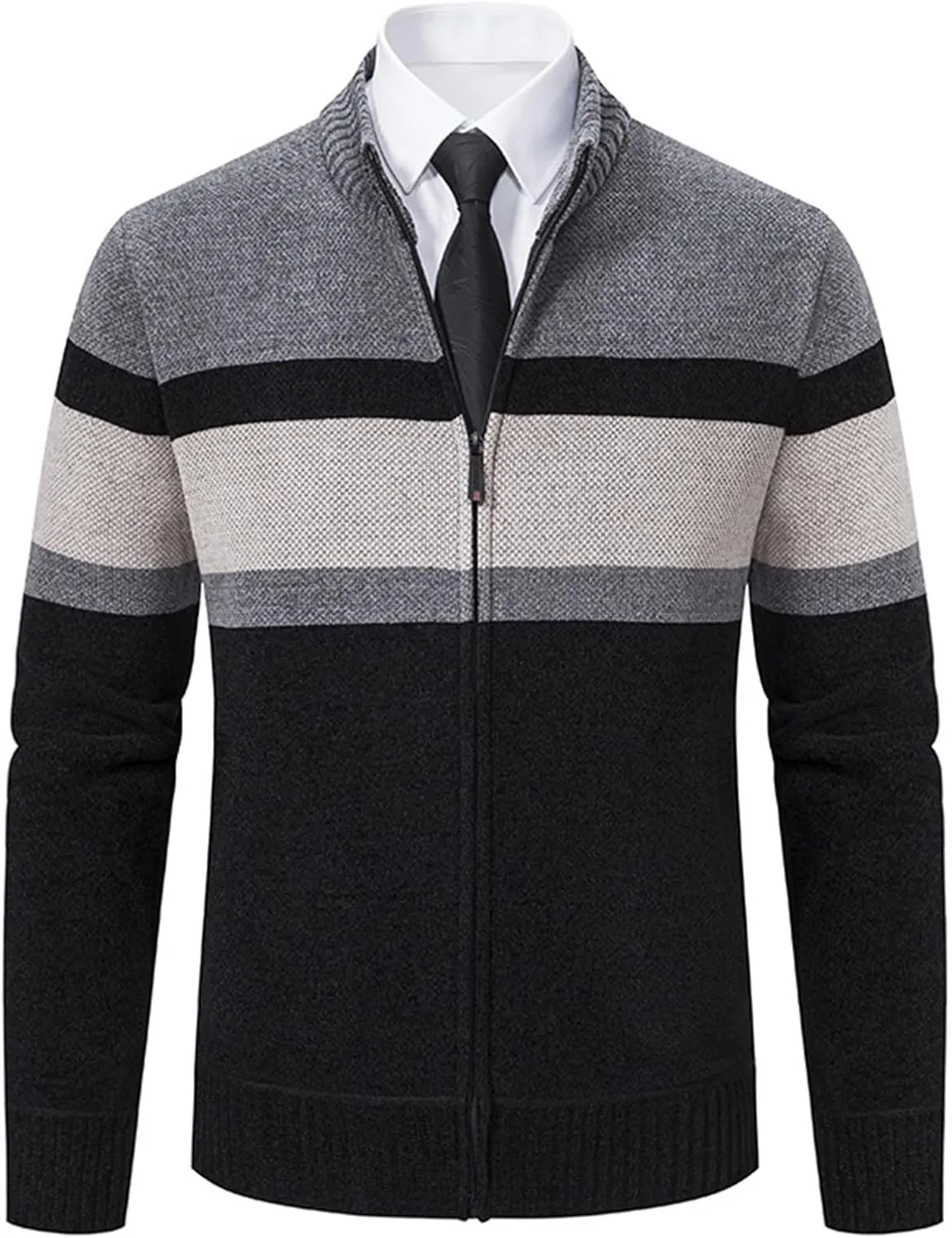 Full Zip Quilted Lined Cardigan Sweaters for Men Stand Collar Fleece Cable Knit Sweater with Pockets