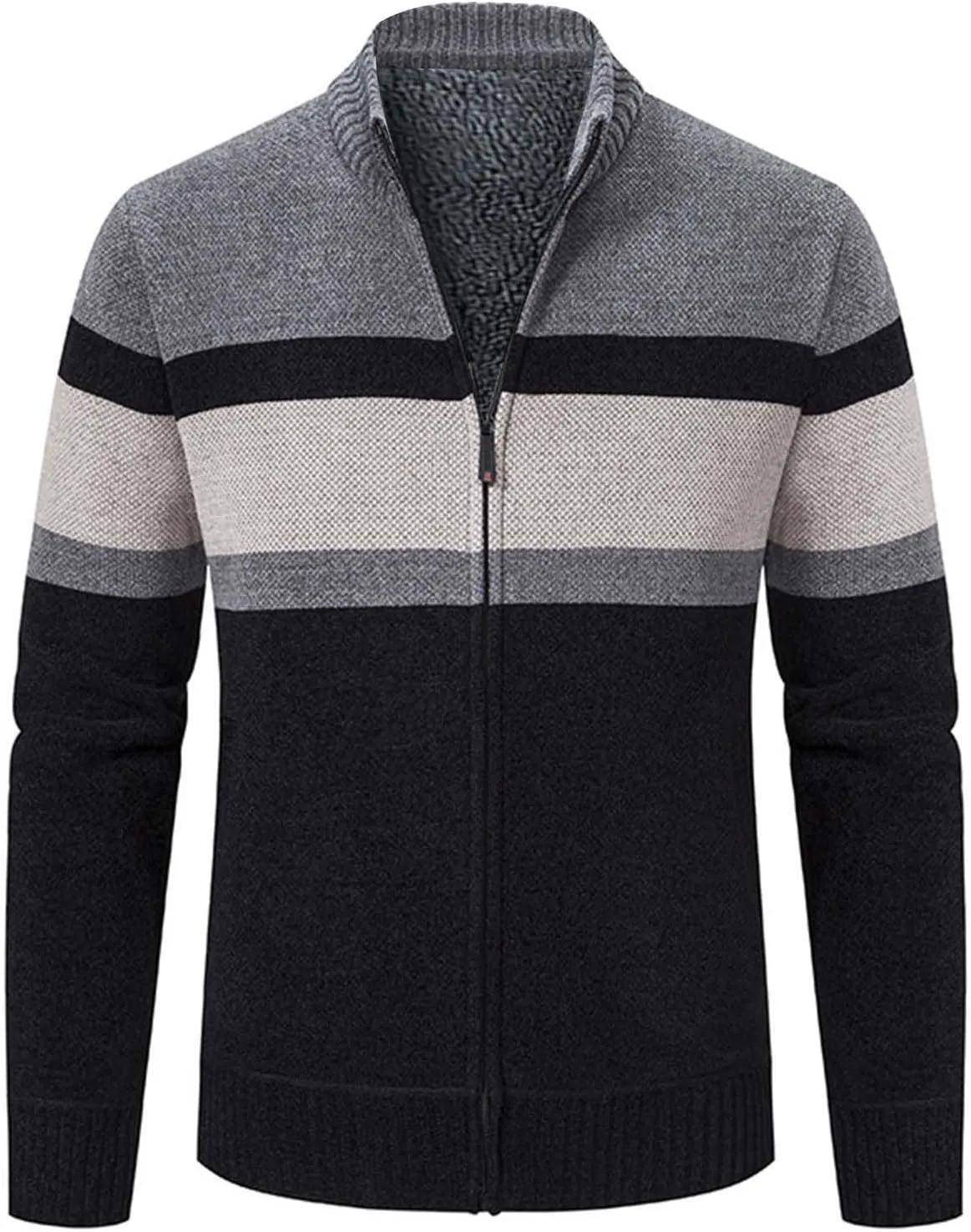 Full Zip Quilted Lined Cardigan Sweaters for Men Stand Collar Fleece Cable Knit Sweater with Pockets