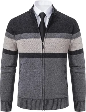 Full Zip Quilted Lined Cardigan Sweaters for Men Stand Collar Fleece Cable Knit Sweater with Pockets