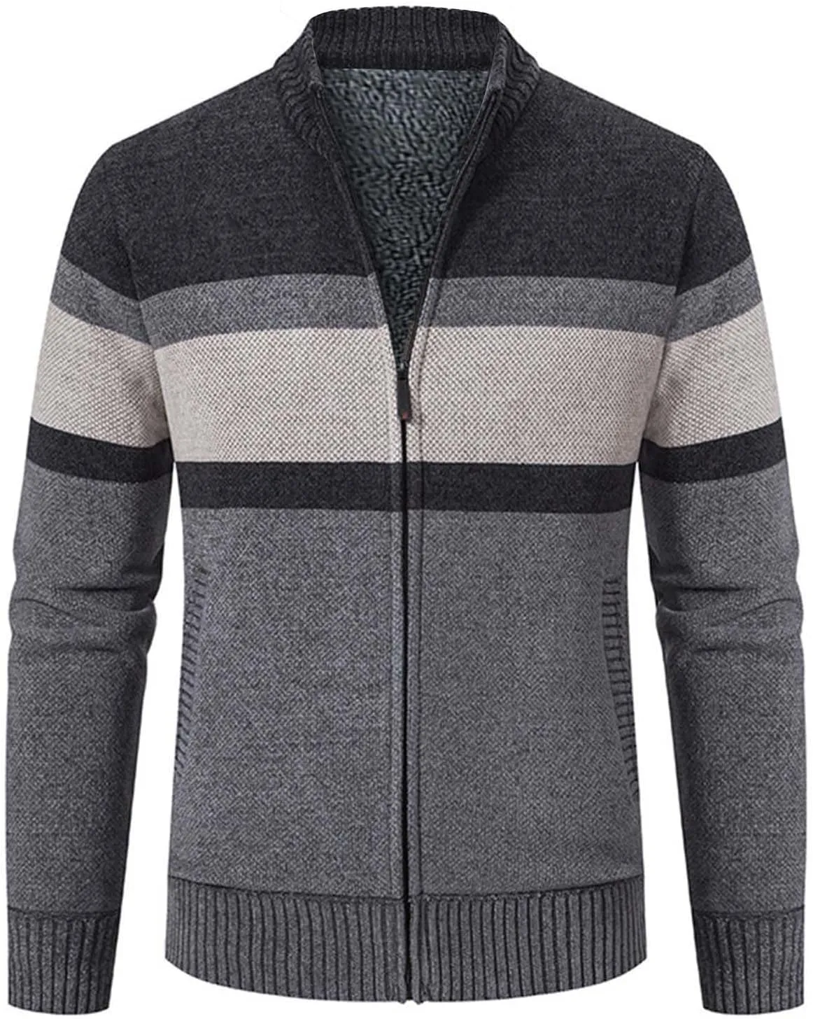Full Zip Quilted Lined Cardigan Sweaters for Men Stand Collar Fleece Cable Knit Sweater with Pockets