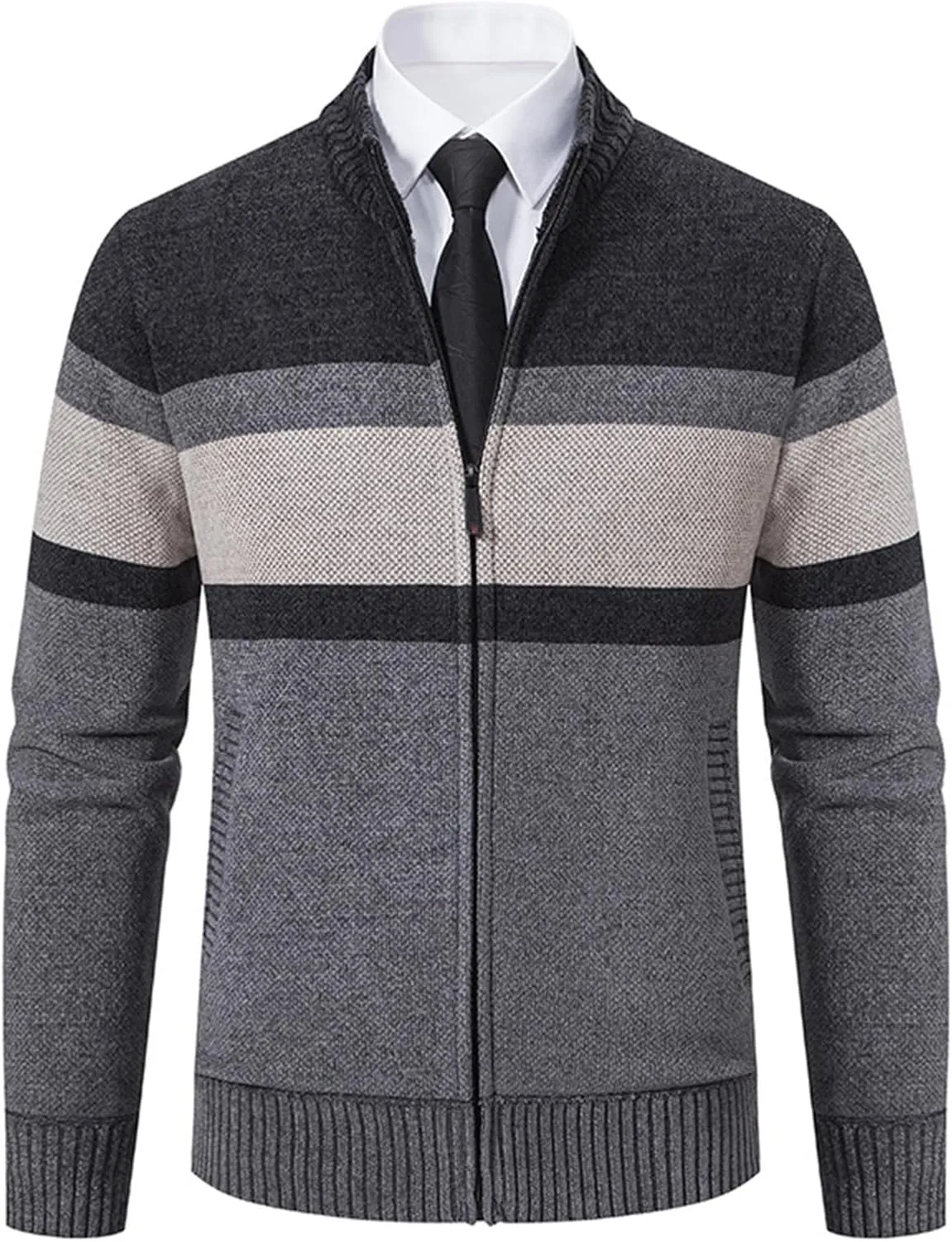 Full Zip Quilted Lined Cardigan Sweaters for Men Stand Collar Fleece Cable Knit Sweater with Pockets