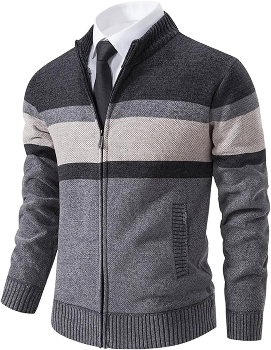 Full Zip Quilted Lined Cardigan Sweaters for Men Stand Collar Fleece Cable Knit Sweater with Pockets