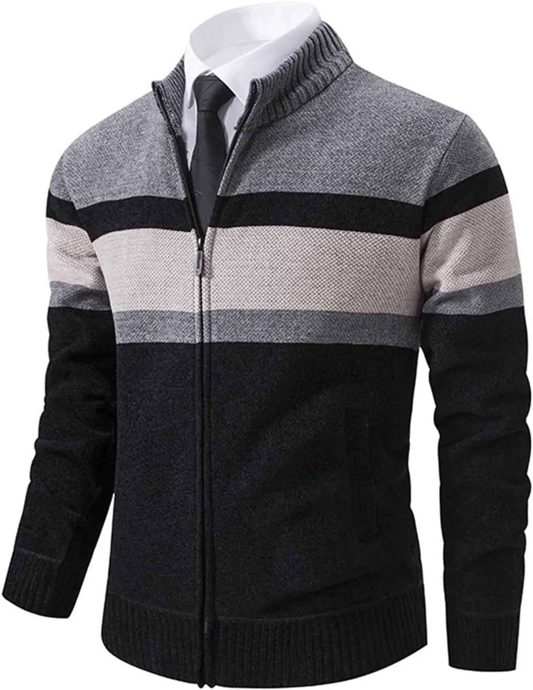 Full Zip Quilted Lined Cardigan Sweaters for Men Stand Collar Fleece Cable Knit Sweater with Pockets