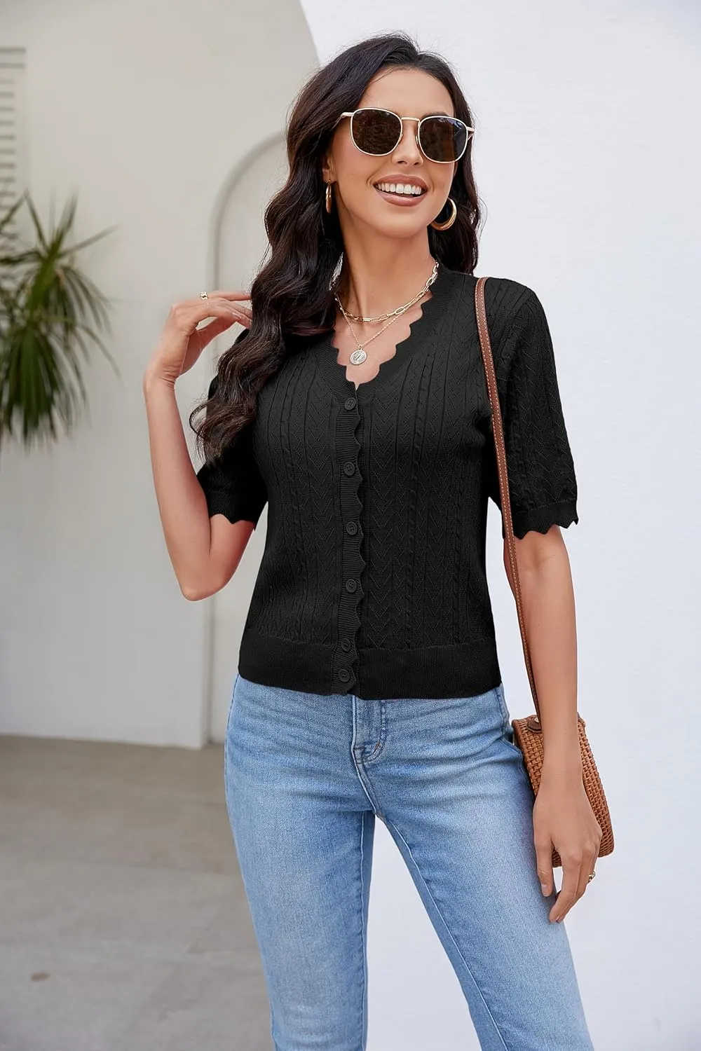 Genhoo Short Sleeve Cardigans for Women Hollow Out Knit Cropped Cardigan Sweater Button Down Lightweight Bolero Shrugs