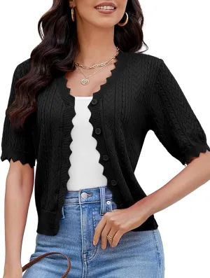 Genhoo Short Sleeve Cardigans for Women Hollow Out Knit Cropped Cardigan Sweater Button Down Lightweight Bolero Shrugs