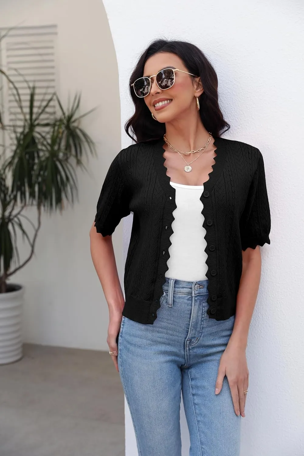 Genhoo Short Sleeve Cardigans for Women Hollow Out Knit Cropped Cardigan Sweater Button Down Lightweight Bolero Shrugs
