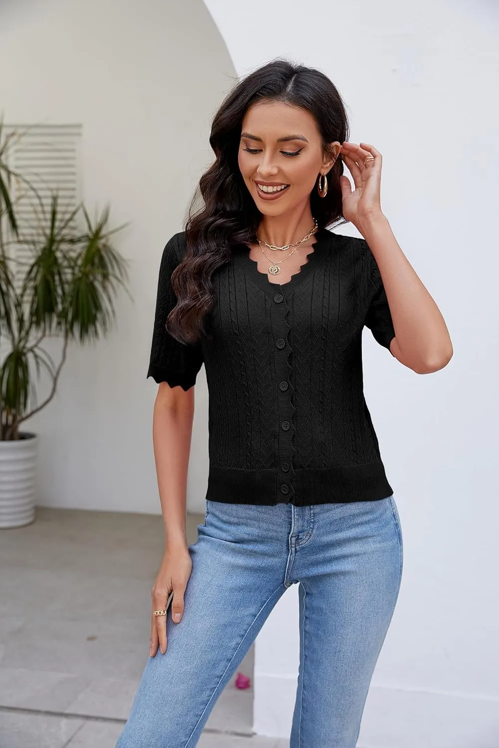 Genhoo Short Sleeve Cardigans for Women Hollow Out Knit Cropped Cardigan Sweater Button Down Lightweight Bolero Shrugs